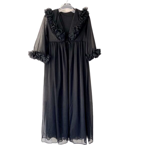 Vintage Black Sheer Peignor Nightgown Robe Ruffle Set size medium 70s Union USA - Picture 1 of 14